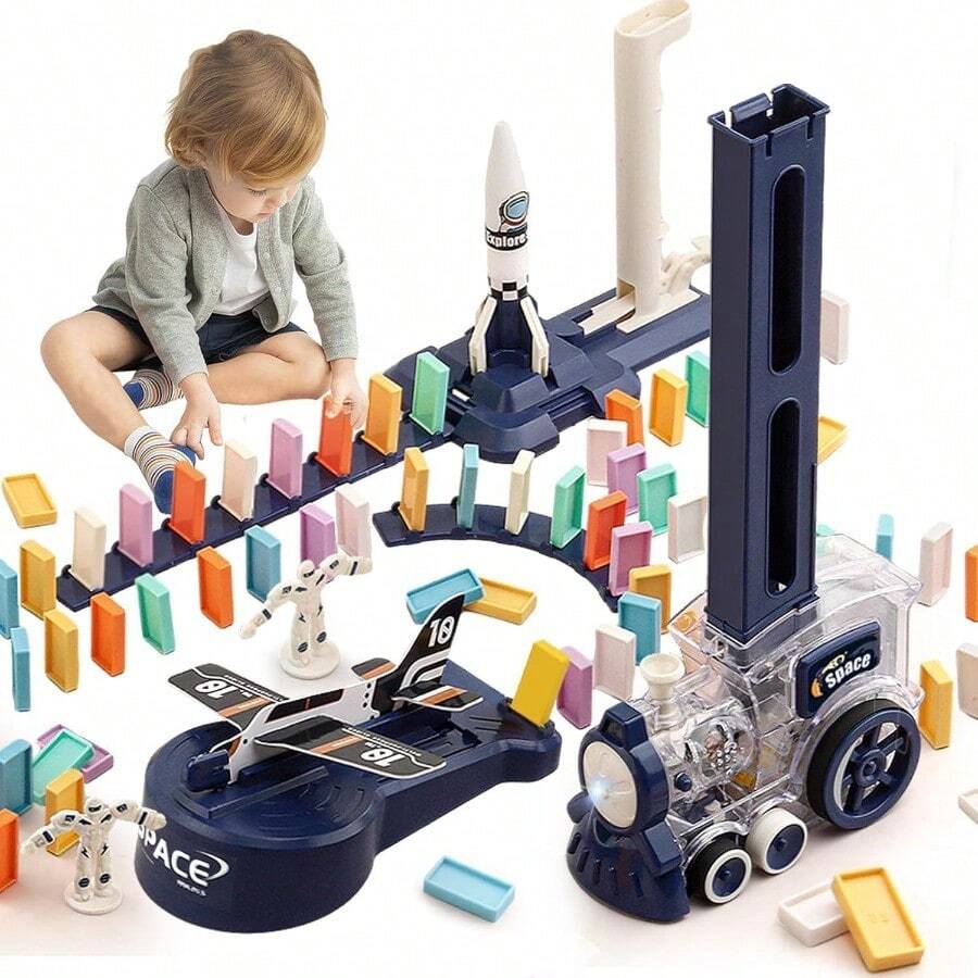 OBEST 200Pcs Juego de Tren Domino Automático Juego de Juguetes de Dominó con Luces Sonidos para Niños Apilamiento Creativo Juguetes Educativos de Desarrollar la Creatividad - Azul - Ver 1