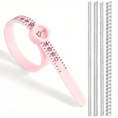 Sormuskoon mittaustyökalu, sormussäädin, 1 kpl US 1-17 vaaleanpunainen sormusmitta suurennuslasilla ja 4 pakkausta sormuskoon säätimellä, suojuksella, välikappaleella, koon muuttajalla, sormuskokosarja irtonaisten renkaiden kiinnittämiseen välikappaleiden suojuksiin ja koonmuuttajatyökaluun