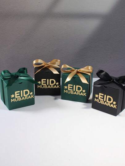 10个装开斋节快乐立方体礼盒，金色星星和“Eid Mubarak”（开斋节快乐）字样设计，黑色/绿色/米色，配缎带蝴蝶结，是开斋节聚会、宾客回礼袋、伊斯兰礼品和节日装饰的理想之选。
