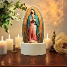 1 pieza Figura decorativa de la Virgen María con luz nocturna, lámpara LED de fe de la Madre Guadalupe, decoración religiosa para el hogar, lámpara de ambiente de acrílico, también adecuada como lámpara de mesita de noche, y práctica, diseño de LED de luz cálida, que cuida los ojos y es acogedora.