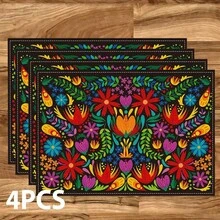 1/4/6/8/12 Pcs Colorful Floral Pattern Placemats (Linen), Washable Printed Table Mats, Surface Protector, Indoor Outdoor Dining Table Mats, Suitable For Holiday Parties, Kitchen & Dining - Multicolor - View 2