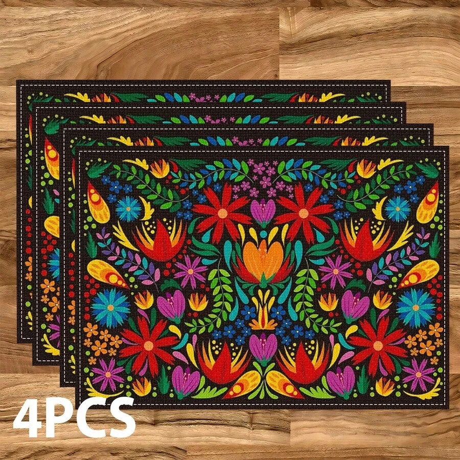 1/4/6/8/12 Pcs Colorful Floral Pattern Placemats (Linen), Washable Printed Table Mats, Surface Protector, Indoor Outdoor Dining Table Mats, Suitable For Holiday Parties, Kitchen & Dining