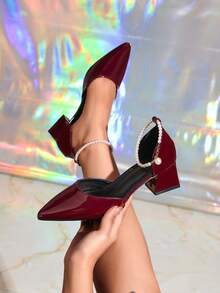 Pointed Toe French Style New Slip-On Mules, Glossy Burgundy Faux Leather High Heel Backless Sandals, Versatile Chunky Heel Party/Office Wear