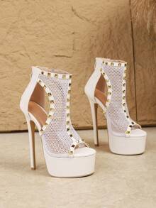 大码女式16厘米超高跟镂空铆钉装饰拉链网眼靴，尺码最大可达42码 - 白色 - 查看 4
