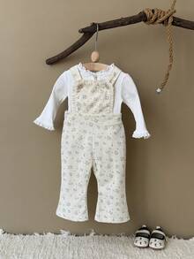 Baby Girl Cute Ditsy Floral Beige Bib Pants, Spring/Autumn (Shirt Not Included) - Beige - View 2