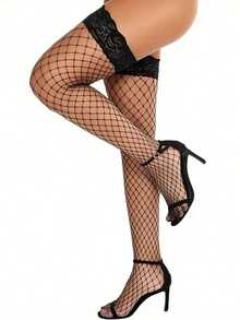 1/3 Pairs Women's Plus Size Sexy Thigh High Stockings, Lace Hollow Mesh Fishnet Over-The-Knee Socks, Fashion Knee-High Stockings, Suitable For Holidays, Halloween, Carnival, Christmas Outfits - Multicolor - View 9