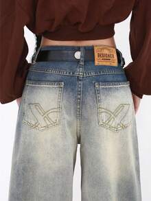 Vintage Washed Cat Whisker Low Waist Wide Leg Jeans Spring Casual - Blue - View 8