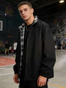 男士休闲宽松格子夹克，立领，轻薄款，春秋季