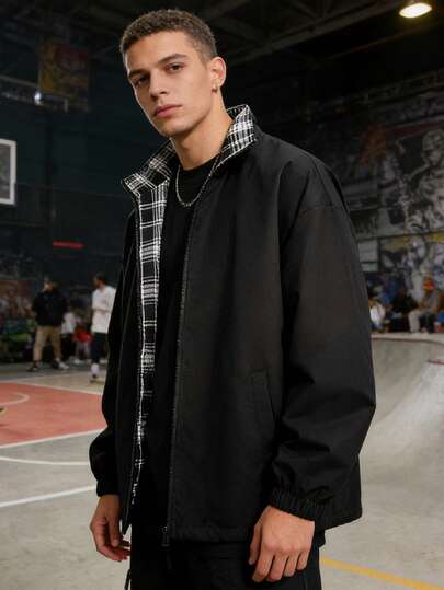 Chaqueta casual holgada a cuadros para hombre, cuello alto, ligera, para primavera/otoño