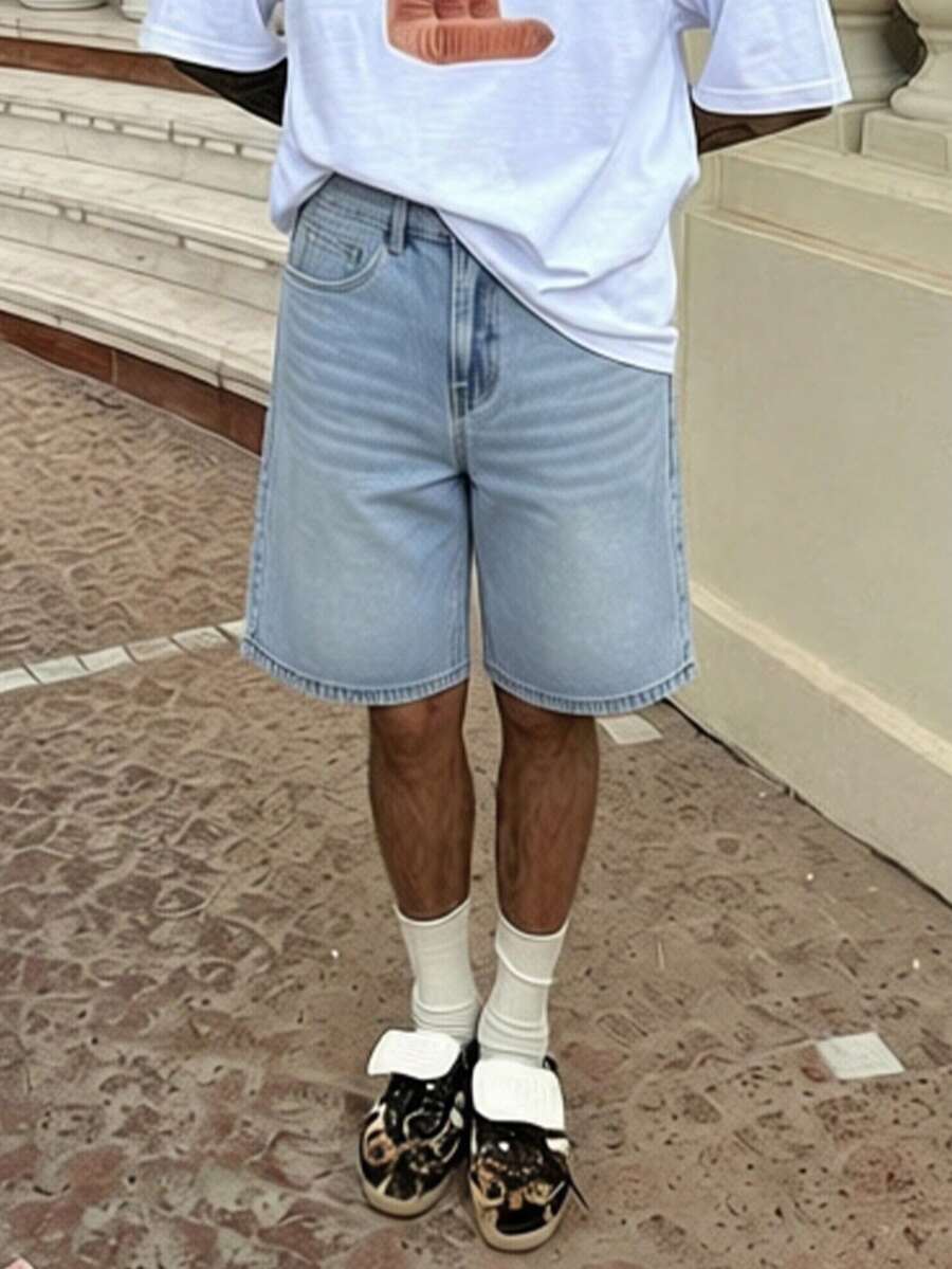 Herren Lässige Loose Fit Jeans Shorts mit Taschen, vielseitige Sommer Jeans Shorts - Helle Waschung - Übersicht 1