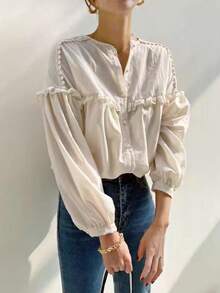 Plain Front Button Pleated Hem Long Sleeve Casual Shirt Spring - Apricot - View 4