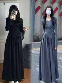 New For Early Fall: Women's French Hepburn Black Long Dress: Long Sleeves For Cold Protection, A-Line Figure-Shaping, High Waist For Longer Legs, Elegant For Commuting, Korean-Inspired Details, Can Be Worn Inside Or On Its Own, A Simple Black Fall Staple - 黑色 - 查看 6