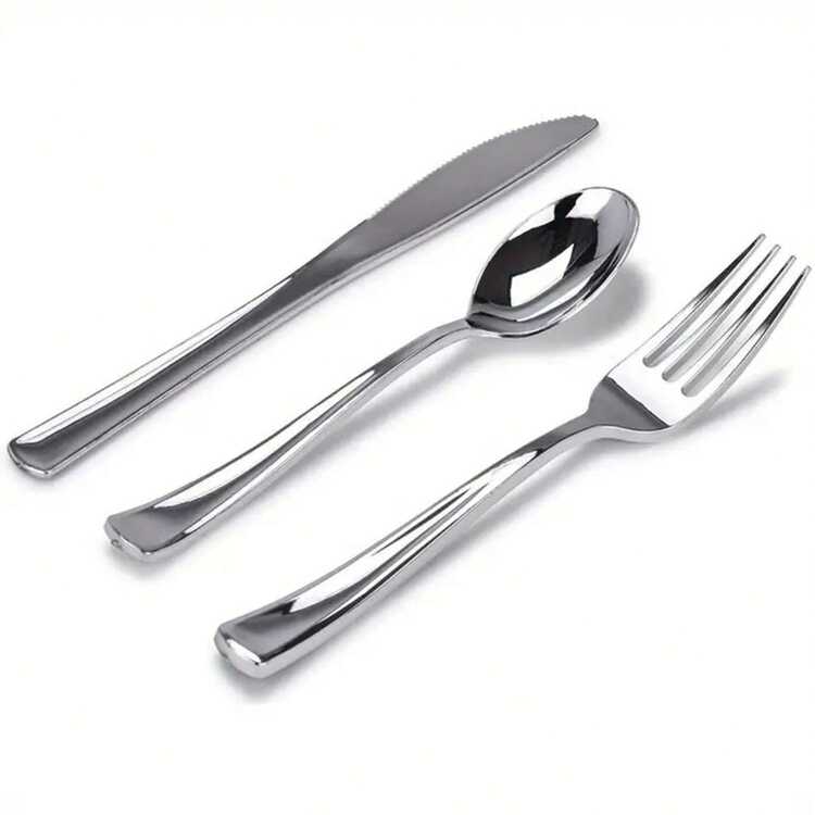 10/25/350/75/150pcs Silver Cutlery Set, High Quality Durable Kitchenware, Washable And Reusable, Minimalist And Elegant Design, Suitable For Parties, Weddings, Gatherings, Dinners, Balls, Beach Parties, Tea Parties, Festivals And New Occasions - Silver - View 5