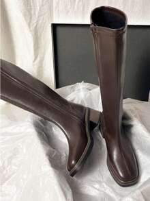 Brown Over-The-Knee Chunky Heel Boots, Black Classic Versatile Thigh High Boots, Women's Mid-Calf Equestrian Boots, Autumn/Winter New Arrivals,Party - 棕色 - 查看 4