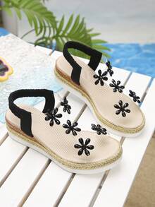 1双女童透明碎花休闲一脚蹬坡跟凉鞋，舒适时尚，适合日常穿着 - 黑色 - 查看 2