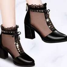 Women's Summer Mesh Mid-Heel Peep Toe Sandals, Versatile Hollow-Out High Heel Boots - Black - View 3