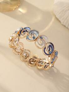 Cring Coco 1pc Fashionable Bohemian Enamel Blue Rose Elastic Bracelet, Suitable For Women, Valentine's Day, Gala, Party, Music Festival, Birthday Jewelry Accessory Gift - Flowers - View 9