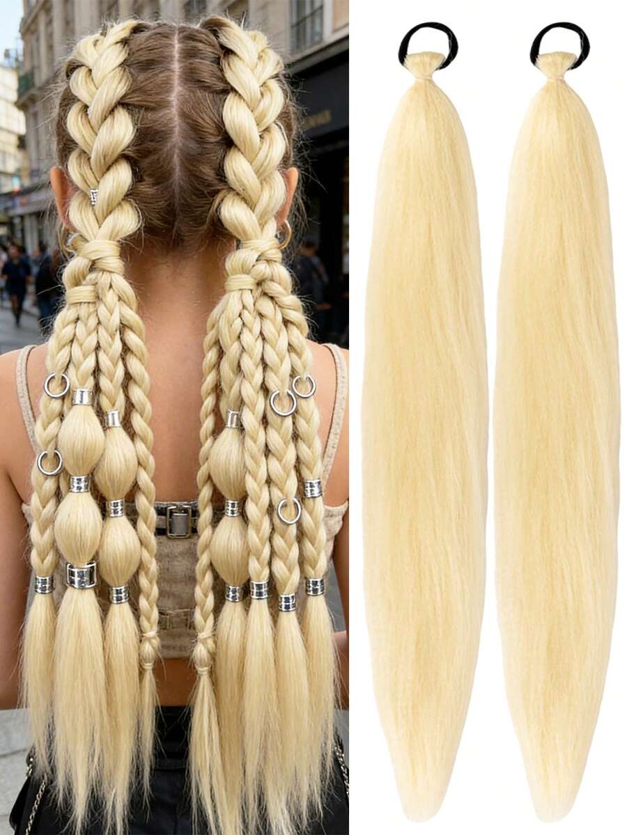 1-2pcs 26 Inch Light Golden Synthetic Yaki Straight Hair Extensions, Fluffy Ponytail Wig, Suitable For Halloween, Christmas, Holiday Parties