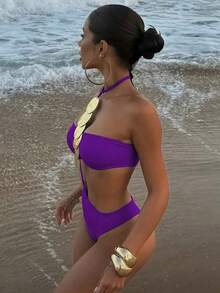 1pc Women's Sexy Halter Sequin Decor One-Piece Swimsuit Vacation Beach Summer - Purple - View 3