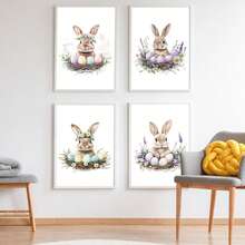 1PC Canvas Wall Art_Nursery Decor Printed Rabbit Burrow Motif, Watercolour Easter Art, Rabbits With Flowers, Spring Blossoms, Farm Animals, Easter Egg Design, Rabbit Garland - Framed Nursery Wall Art Perfectly Suited For Children's Room Decor, Playroom Decor Children's Room Decor Nursery Decor Daycare Decor Girls' Bedroom Girls' Room Decor Children's Room Decor Boys' Bedroom Boys' Room Decor Girls' Bedroom Decor
