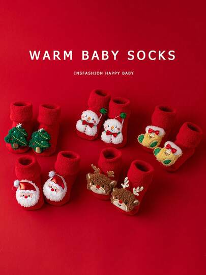 1/3 Pairs Baby 3D Christmas Reindeer Snowman Santa Applique Terry Fleece Warm Anti-Slip Ankle Socks Christmas Holiday Autumn Winter