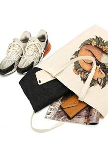 Retro Style Forest Themed Foldable Canvas Tote Bag, Cute Fox, Mushroom, Flower, Star & Moon Pattern Printed Canvas Shoulder Bag Tote Bag Storage Bag, Multifunctional Fashion Travel Shopping Handbag, Large Capacity Tote Bag Luggage Bag, Suitable For Men & Women Hiking Travel Leisure, Gift Idea, Back To School/Graduation Gift Travel Bag Duffle Bag Overnight Bag Durable Travel Organizer Cruise Essential Vacation Essentials For Men Women Travel Essential Holiday Essential Travel Must Haves - Beige - View 5