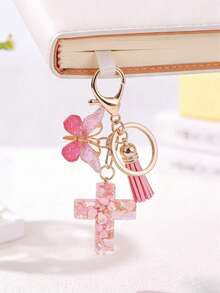 Resin Cross Keychain, Women's/Girls' Style, With Butterfly Pendant And Tassel, Inlaid With Pebbles, Sparkling Hearts And Purple Sequins, Fashionable Jewelry Gift, Easter Baptism Party Gift, Car Ornament, Bag Pendant, Cute Gothic Style Y2K.Bag Charms,Keychains,Purse Charms,Plush Keychain,Keychain,,Girls Keychain,Cute Keychains For Girls,,Keychains For Woman,Bag Charms,Christmas Gifts - 粉色 - 查看 6