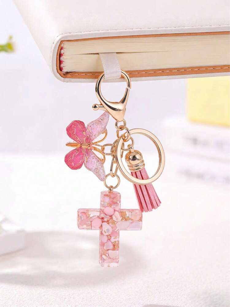 Resin Cross Keychain, Women's/Girls' Style, With Butterfly Pendant And Tassel, Inlaid With Pebbles, Sparkling Hearts And Purple Sequins, Fashionable Jewelry Gift, Easter Baptism Party Gift, Car Ornament, Bag Pendant, Cute Gothic Style Y2K.Bag Charms,Keychains,Purse Charms,Plush Keychain,Keychain,,Girls Keychain,Cute Keychains For Girls,,Keychains For Woman,Bag Charms,Christmas Gifts - 粉色 - 查看 6