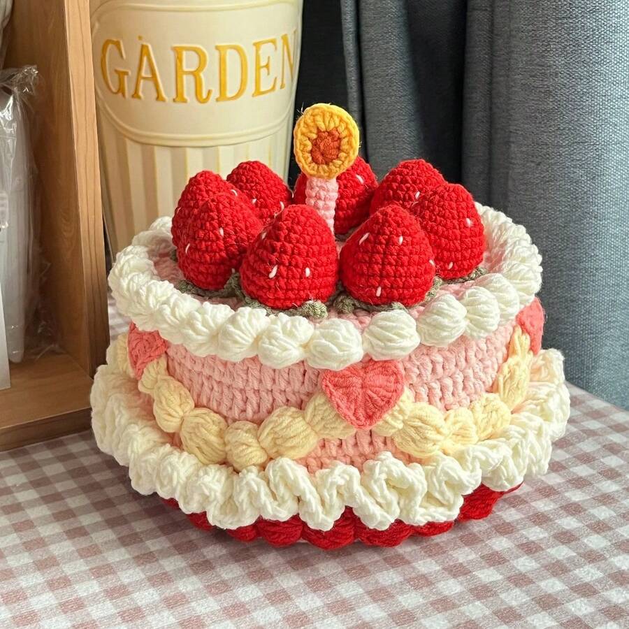 DIY钩针草莓蛋糕收纳盒毛线工艺套装，手工生日/情人节礼物（女士款）