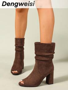 Coffee Pleated Slip-On Peep Toe High Heel Boots, Elegant & Versatile For Vacation, Party, Minimalist Fashion, Spring/Summer - Coffee Brown - View 8