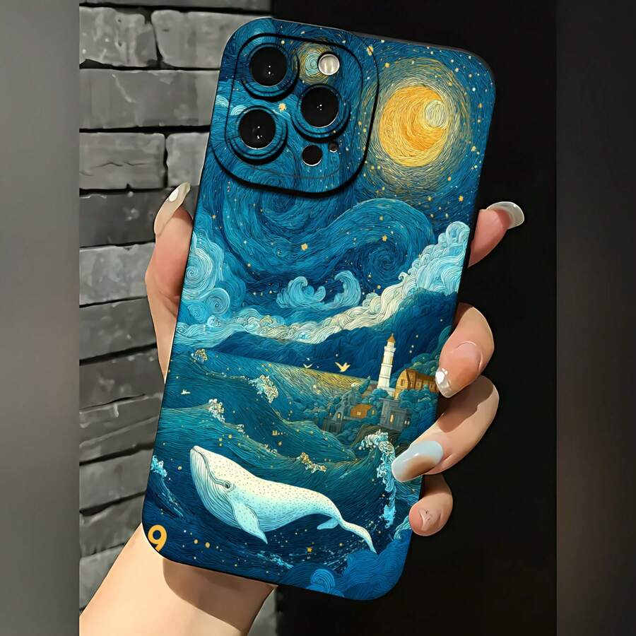 2026 nueva funda de teléfono esmerilada, funda de teléfono con estampado de ballena y castillo de noche estrellada para 17 15 Pro Max 17 14 Pro 17 13 Galaxy S23 S22 S21 funda de protección para teléfono funda de pareja regalo para novio novia regalo de vacaciones - Blanco antiguo - Ver 1