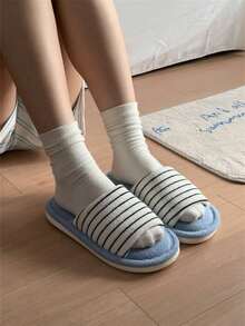 XIXITIAO 1 đôi dép lê sọc phối màu retro, đế mềm mại, thoải mái, thích hợp mang trong nhà vào mùa thu/đông. - Xanh và trắng - Xem 12