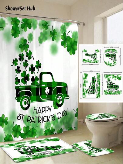 1/3/4件套圣帕特里克节快乐三叶草绿色卡车图案浴帘浴室套装，防水耐磨配件，带12个挂钩 - 包括马桶座套、浴垫和地毯 - 塑料面料 - 可水洗，防霉 - 非常适合节日装饰、家居/卧室/房屋/西部/春季装饰