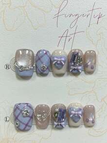 10片甜美优雅格子薰衣草手工按压式美甲贴片，饰有蝴蝶结、爱心、紫色宝石和珍珠，美甲用品（1片果冻贴纸+1个指甲锉）手工按压式美甲贴片 - 紫丁香色 - 查看 4