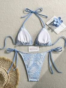 2026 New Fashionable & Elegant Women's Bikini Swimwear 2-Piece Set, Textured Fabric, Suitable For Spring/Summer, Vacation, Date, Pool Party Beach - White Flowers On Blue Background - View 3