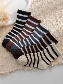 1/5 Pairs Women Striped Mid-Calf Socks, Comfortable Breathable Casual Cute Street Style Design, Suitable For All Seasons, Holidays, Gifts - Multicolor - View 3