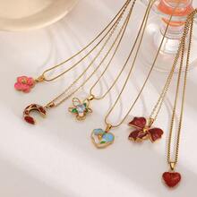 1件不锈钢珐琅蝴蝶花朵吊坠项链，简约心形吊坠项链，时尚日常佩戴饰品 - 彩色 - 查看 1