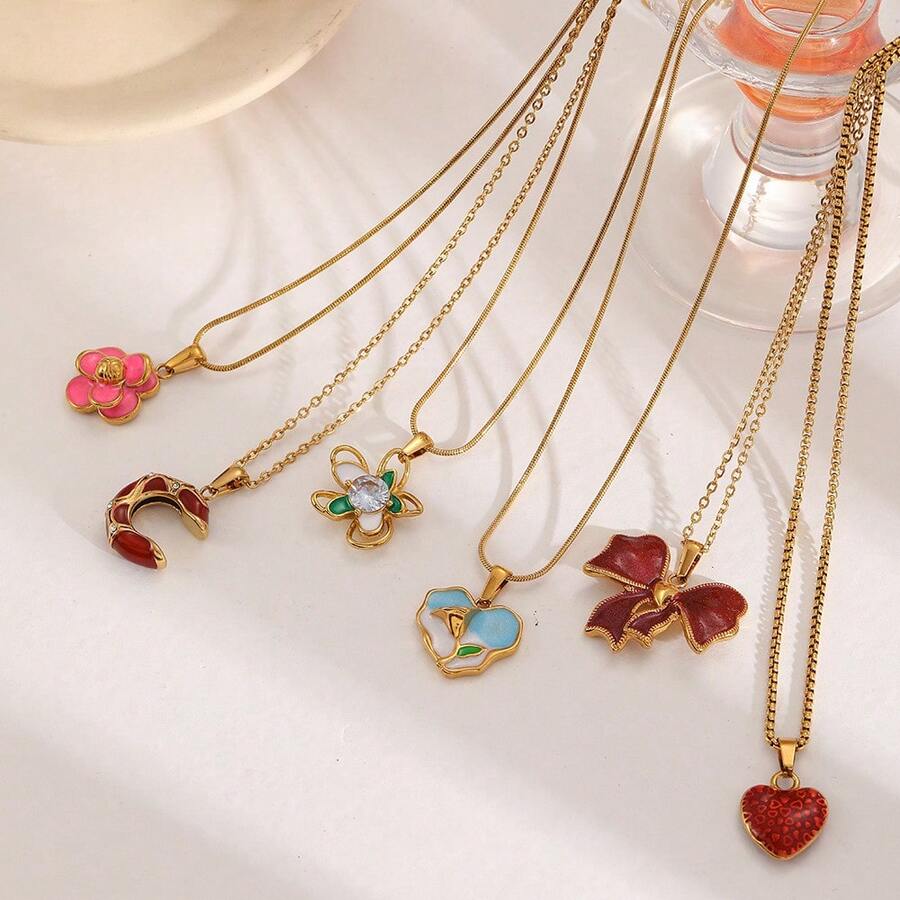 1件不锈钢珐琅蝴蝶花朵吊坠项链，简约心形吊坠项链，时尚日常佩戴饰品 - 彩色 - 查看 1