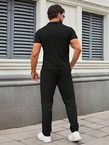 男士休闲套装，户外百搭高端男士华夫格领短袖口袋上衣和纯色长裤两件套 - 黑色 - 查看 7