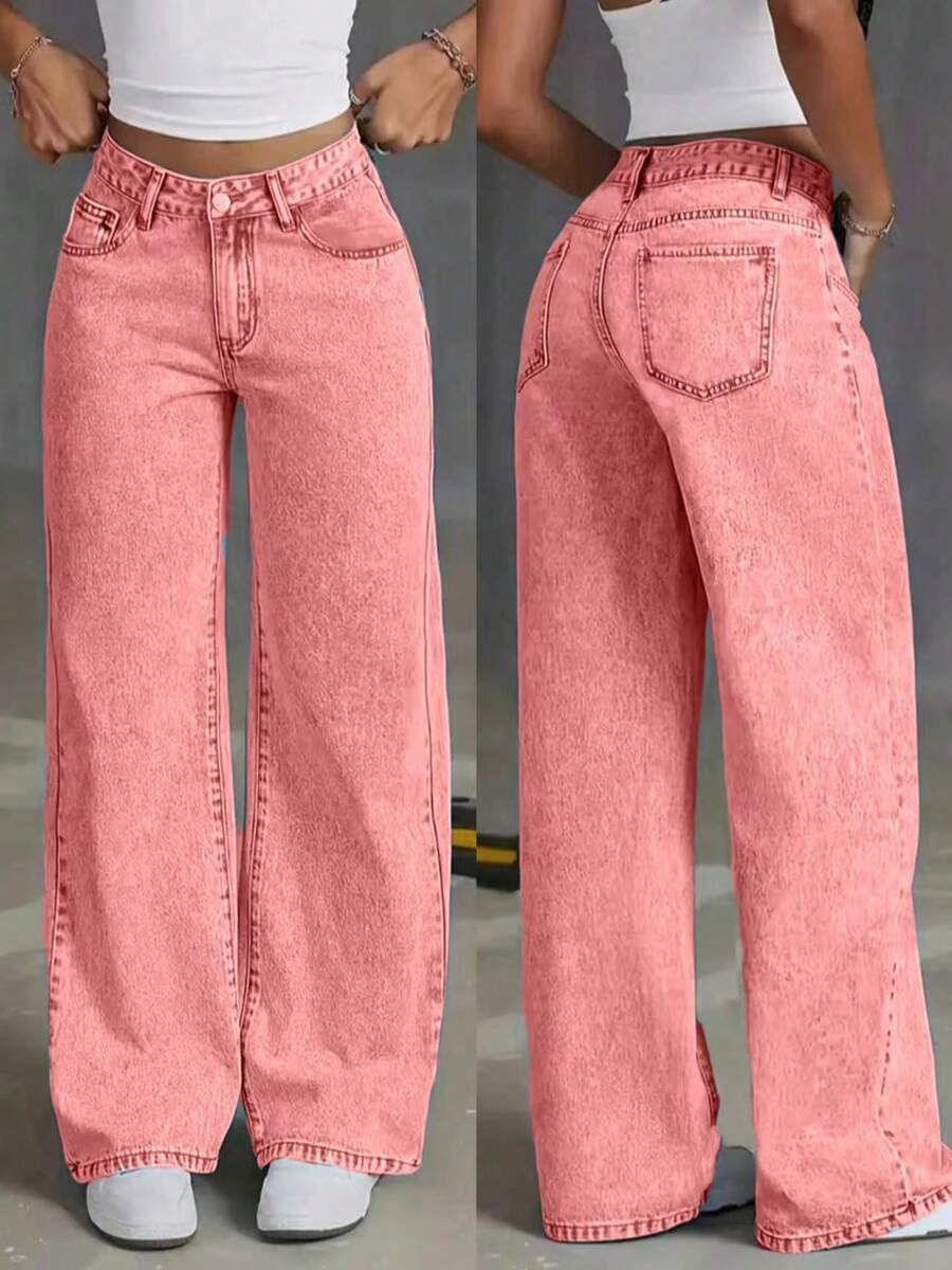 Women's Loose Fit Straight Leg Pockets Casual Jeans Spring - Hot Pink - View 1