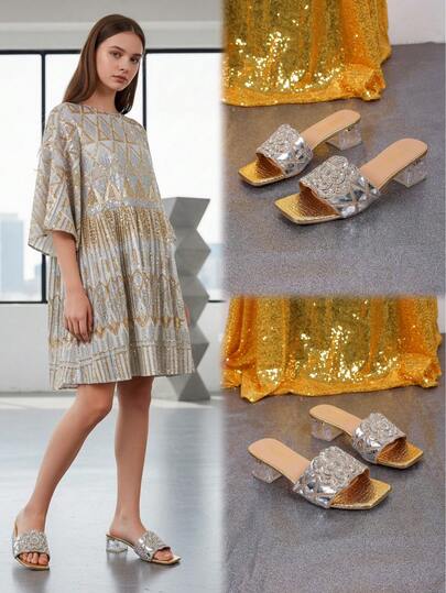 1 Pair Plus Size Fashionable Glitter Flower Shaped Reflective Rhinestone Decorated Slip-On Sandals For Teenage Girls, Elegant Crystal Transparent Chunky Heel Slides, Versatile For Birthday, Party, Casual, Commute, Travel, Spring/Summer