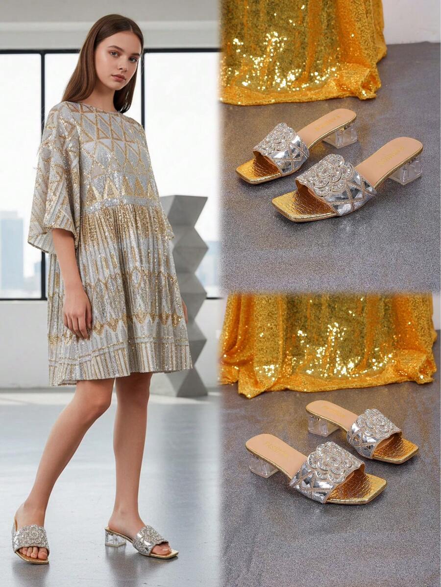 1 para modnych, błyszczących, odblaskowych, zdobionych kryształkami sandałów wsuwanych w dużych rozmiarach dla nastolatek, eleganckie, kryształowo-przezroczyste klapki na grubym obcasie, uniwersalne na urodziny, imprezę, na co dzień, do pracy, w podróż, na wiosnę/lato - Złoto - Zobacz 1