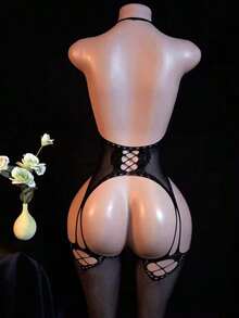 1 Piece Sexy Mesh Women's Lingerie - Body Stocking Neckline Bodysuit Sexy Lingerie, Suitable For Home And Outings - 黑色 - 查看 3