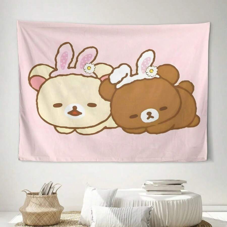 ZLIENSZUS Rilakkuma Large Wall Hanging Tapestry - Cute Cartoon Character With Pink Bunny Ears & White Tails Peach Light Beige Fabric Horizontal Orientation For Cafe Studio Or Lounge Decor - No Electricity Needed Cafe Wall Art | Playful Design | Durable Wall Hanging Kawaii Room Decor - Nhiều màu - Xem 1