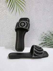 Plus Size Women Flat Sandals, Vacation Style Casual Versatile Rhinestone Decor Slides - Black - View 2