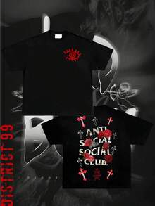 Anti Social Club Graphic Cropped T-Shirt For Boys And Girls Men, Women All Ages Family T-Shirt Letter New Streetwear Clothing Harajuku T-Shirt Cotton Half Sleeve Tee, Y2K Style Casual Cotton Classic Crewneck Design Tee - 黑色 - 查看 2
