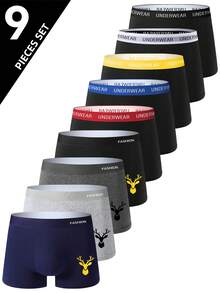 9pcs/Pack Men's Solid Color High-Waist Boxer Briefs, Printed Series, Breathable & Comfortable Boxer Shorts, Elastic Sports Trunks, Men's Casual Durable Underwear For Daily Wear - Multicolor - View 1