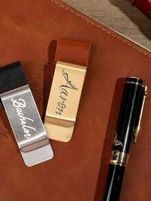 1pc Customized Logo Stainless Steel & Leather Pen Holder, Pen Clip, Notebook Bookmark Organizer, Pen Case, Office Stationery, Accessories, Money Clip, TN Planner Pen Holder - Multicolor - View 6