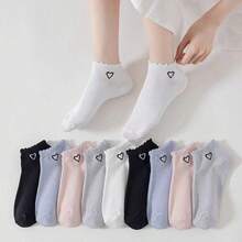 1/4 Pair Women Heart Print Solid Color Ankle Socks, Suitable For Daily Wear - Multicolor - View 1