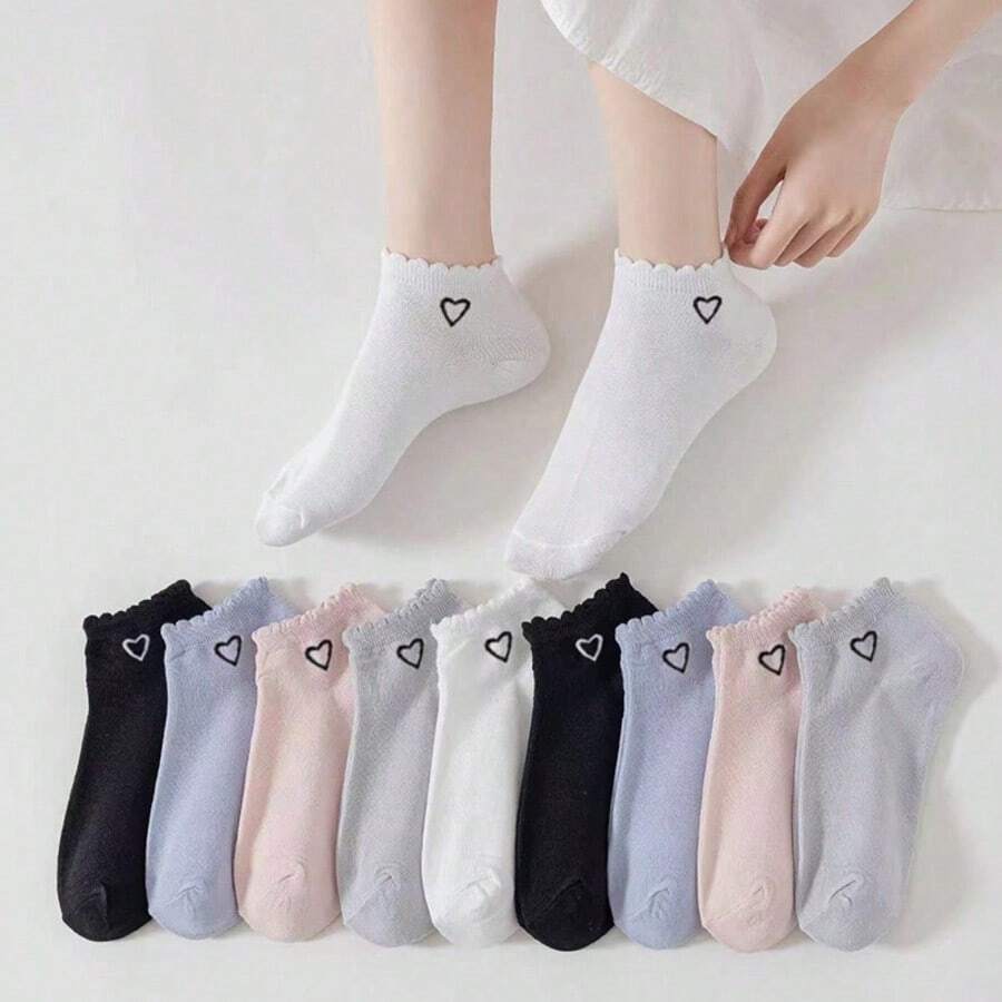 1/4 Pair Women Heart Print Solid Color Ankle Socks, Suitable For Daily Wear - Multicolor - View 1